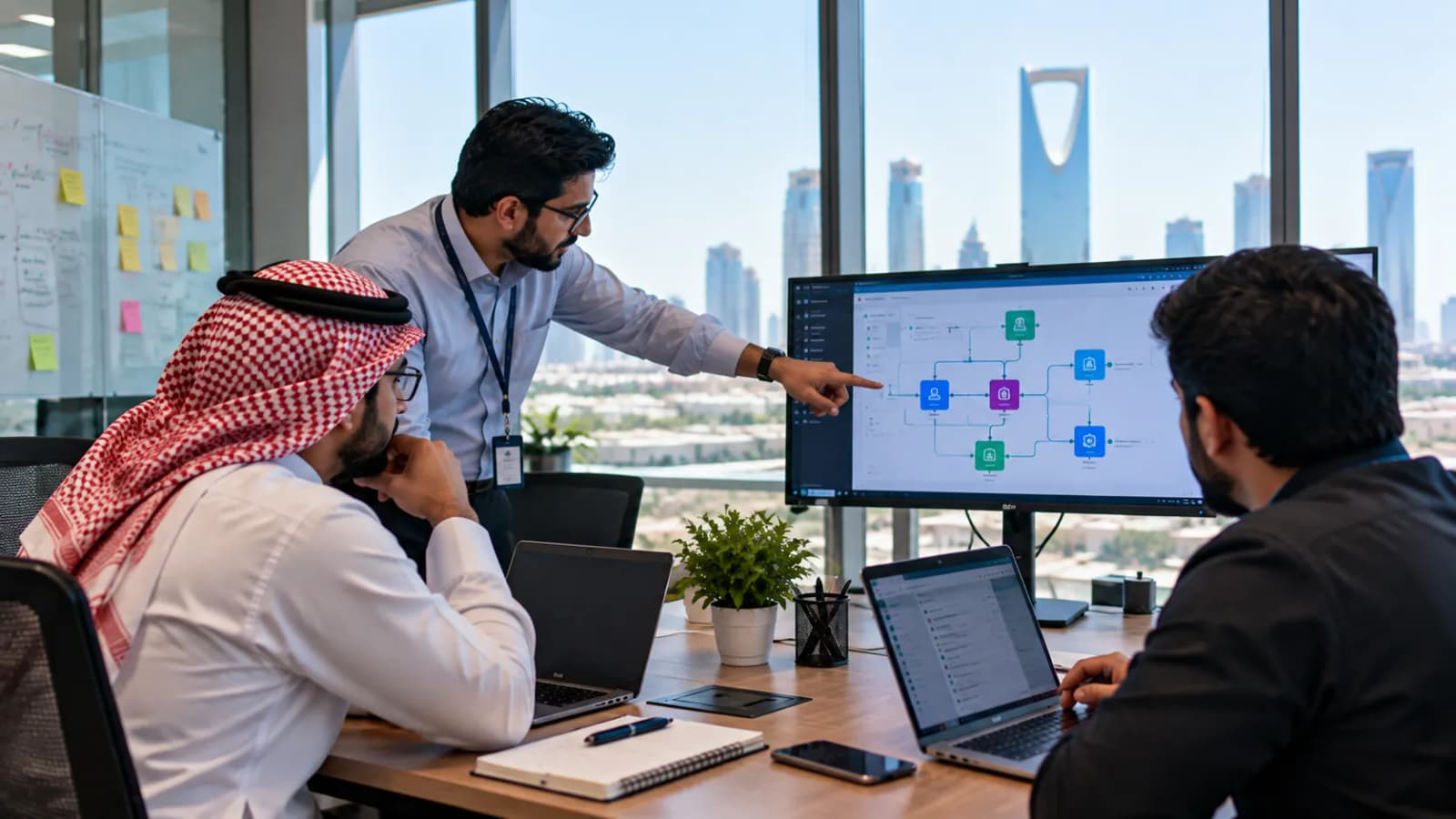 A consultant pointing at an automation workflow diagram on a large screen while two colleagues at