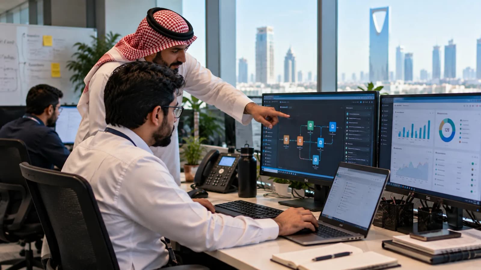 A colleague pointing at a workflow on screen beside business dashboards while an employee works at