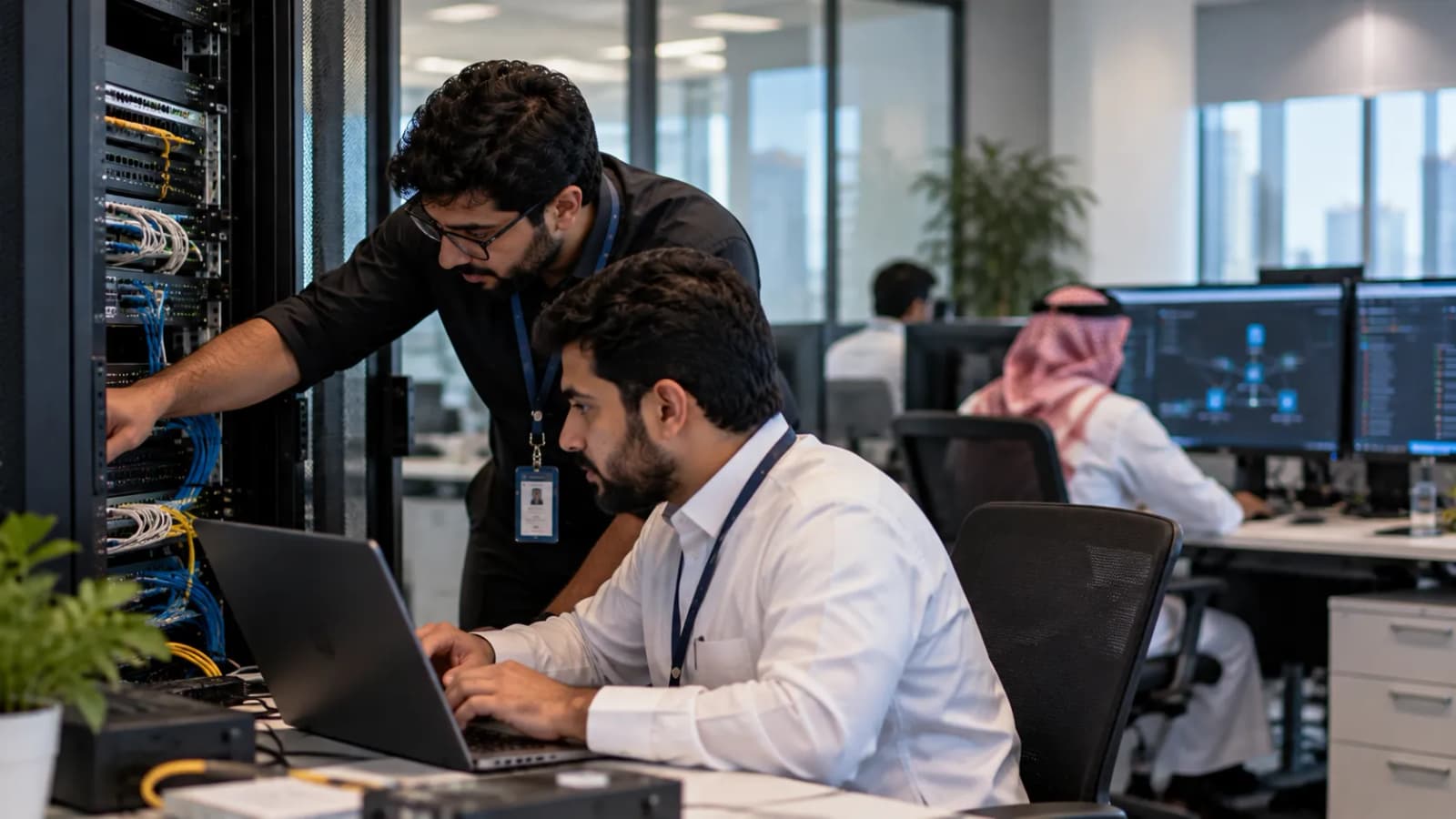 Two engineers working together at an open network rack, one at a laptop