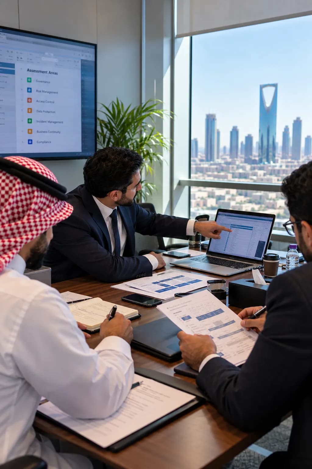 An assessment review in a boardroom above the Riyadh skyline
