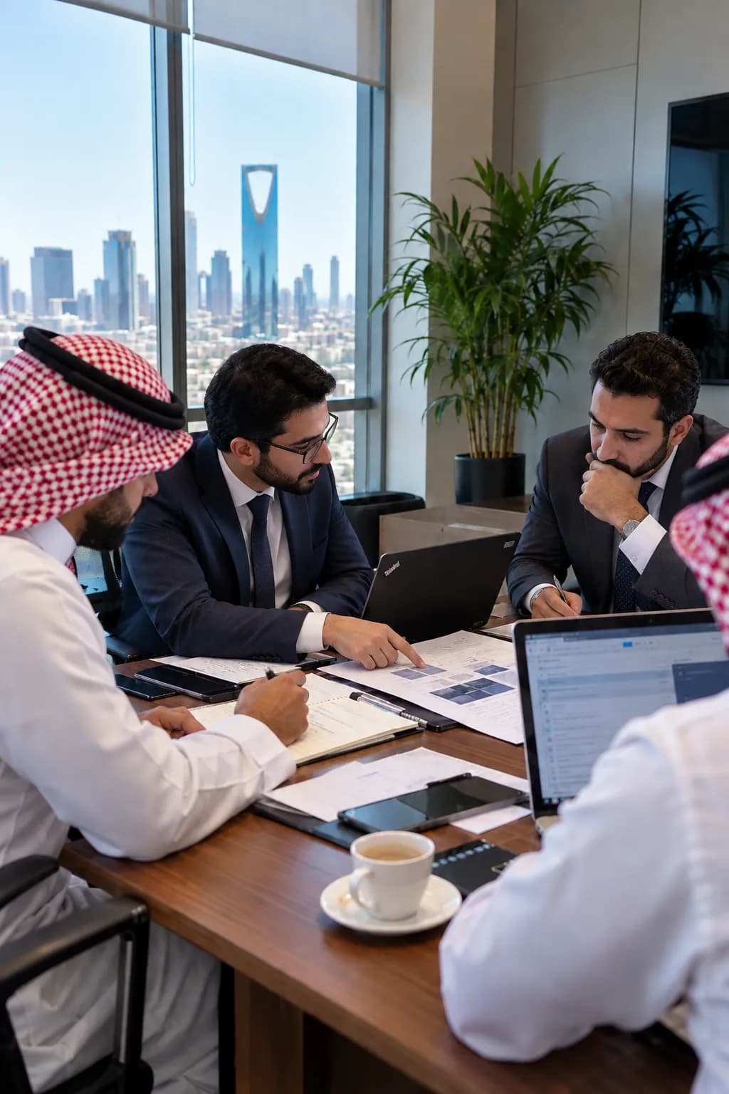 Four colleagues around a meeting table going through a cybersecurity report