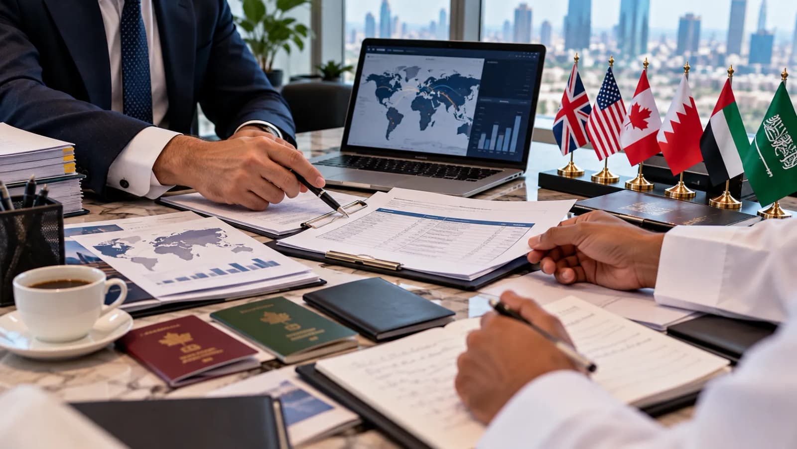 International formation paperwork on a meeting table — a checklist on a clipboard, passports