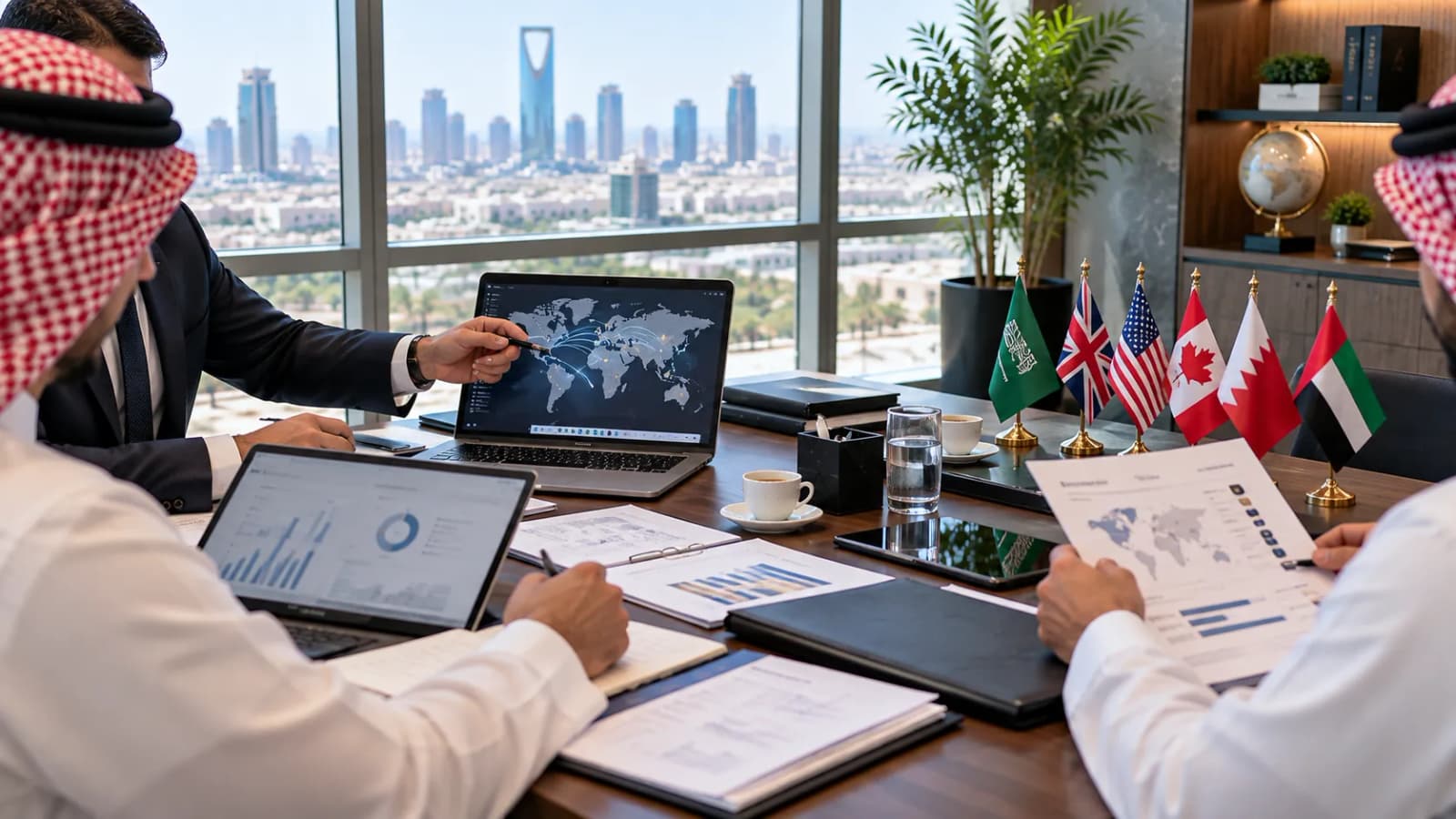 A boardroom meeting above the Riyadh skyline