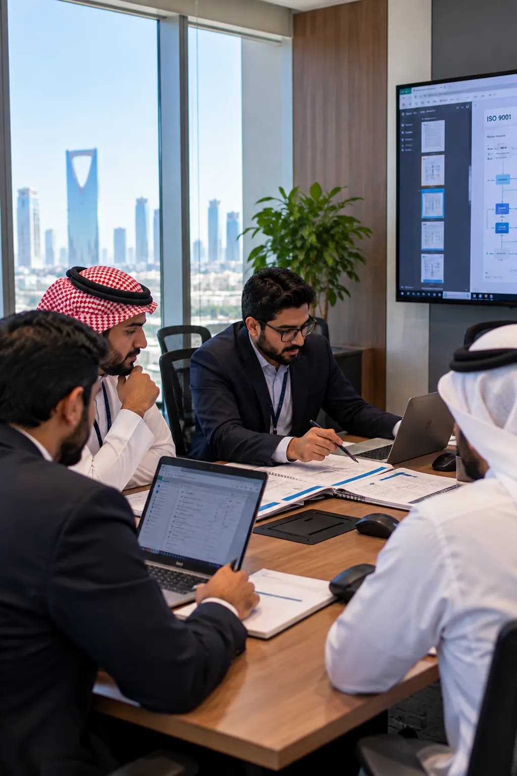 A consultant reviewing management system documents with a client team at a meeting table