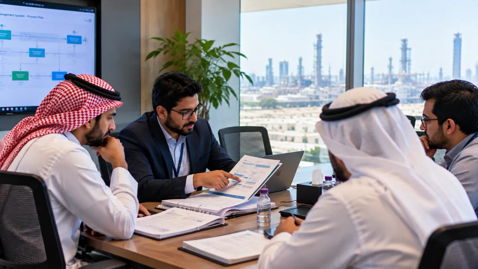 A consultant walking a client team through a binder of management system documents