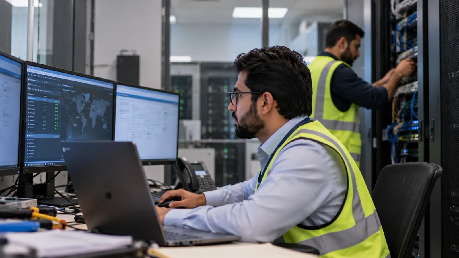 An engineer at a monitoring workstation with network dashboards on screen while a colleague works on
