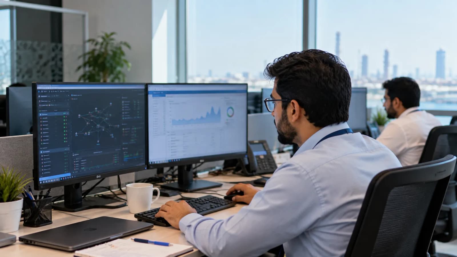 An engineer at a two-monitor workstation reviewing infrastructure dashboards