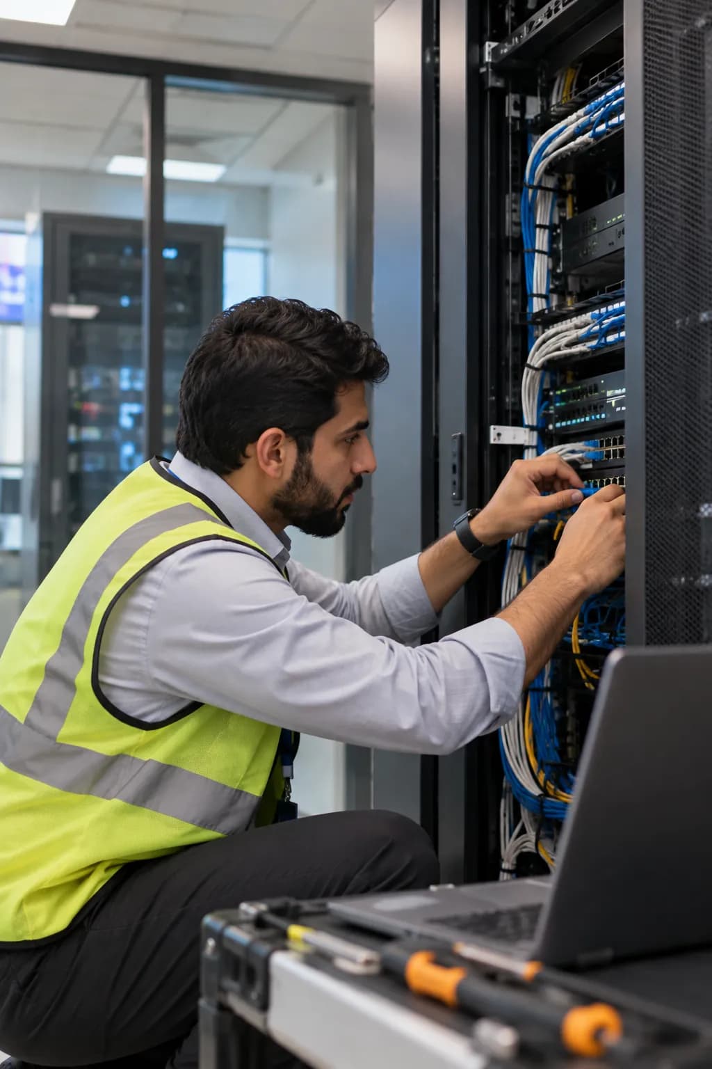 An engineer in a hi-vis vest working inside an open server cabinet