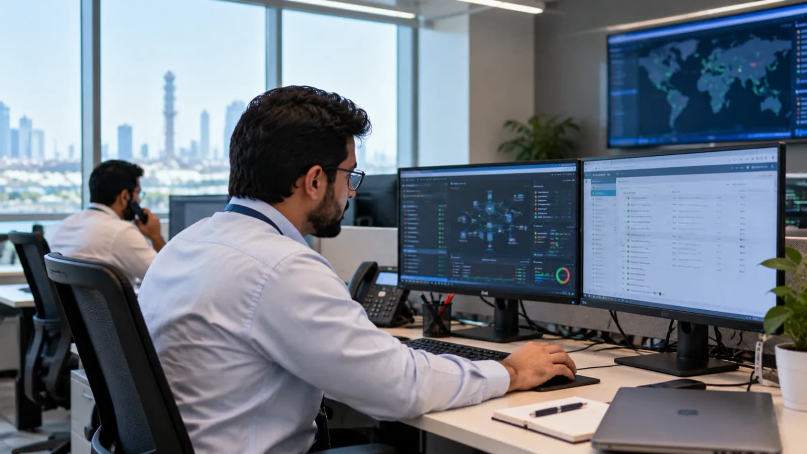 An IT engineer at a two-monitor workstation reviewing a network map and a ticket list