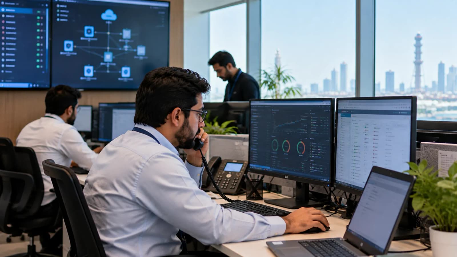 A support engineer on the phone at a helpdesk workstation