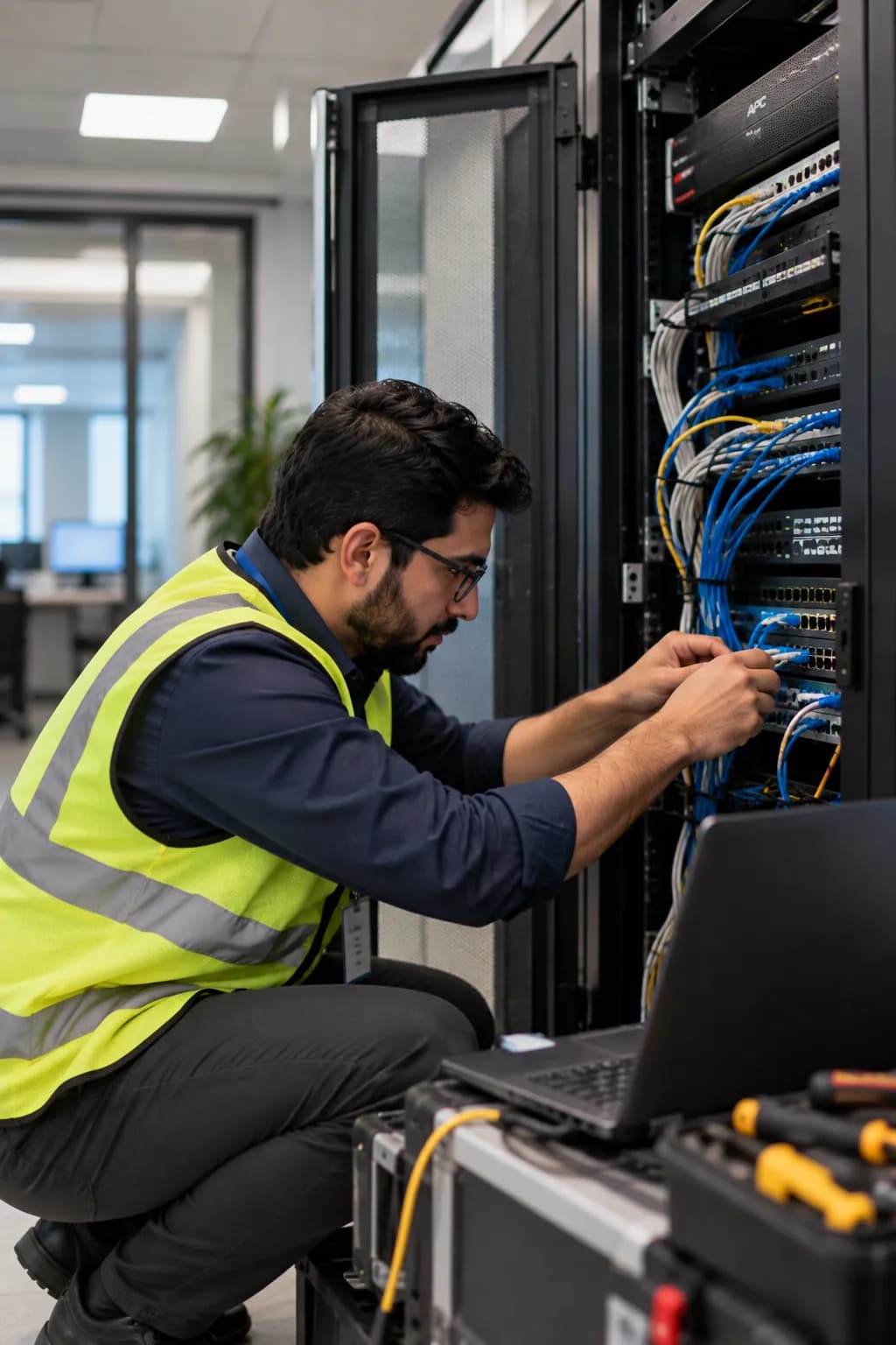 An engineer in a hi-vis vest kneeling at an open network rack, reconnecting patch cables