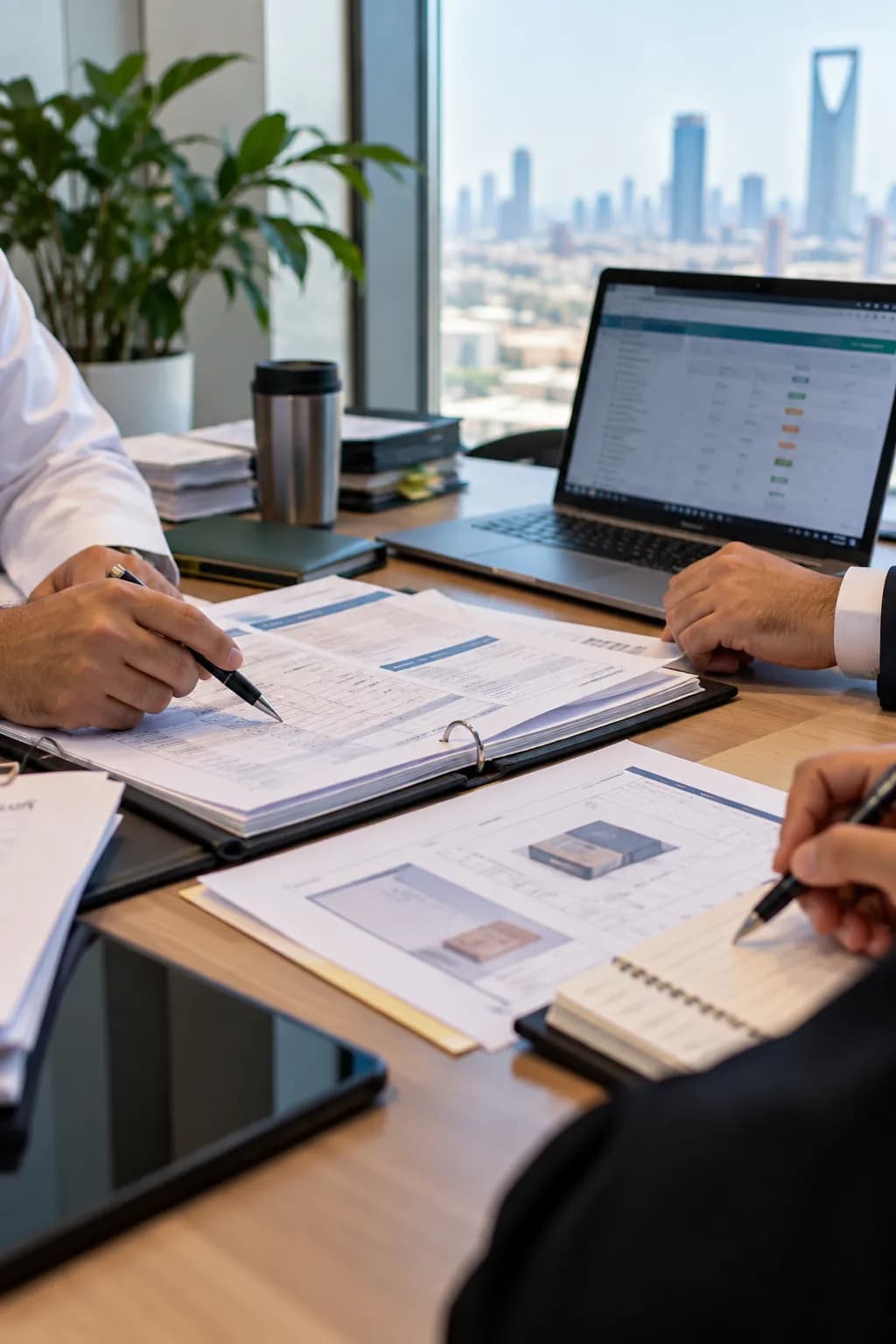 Two people going through a licensing application file at a meeting table