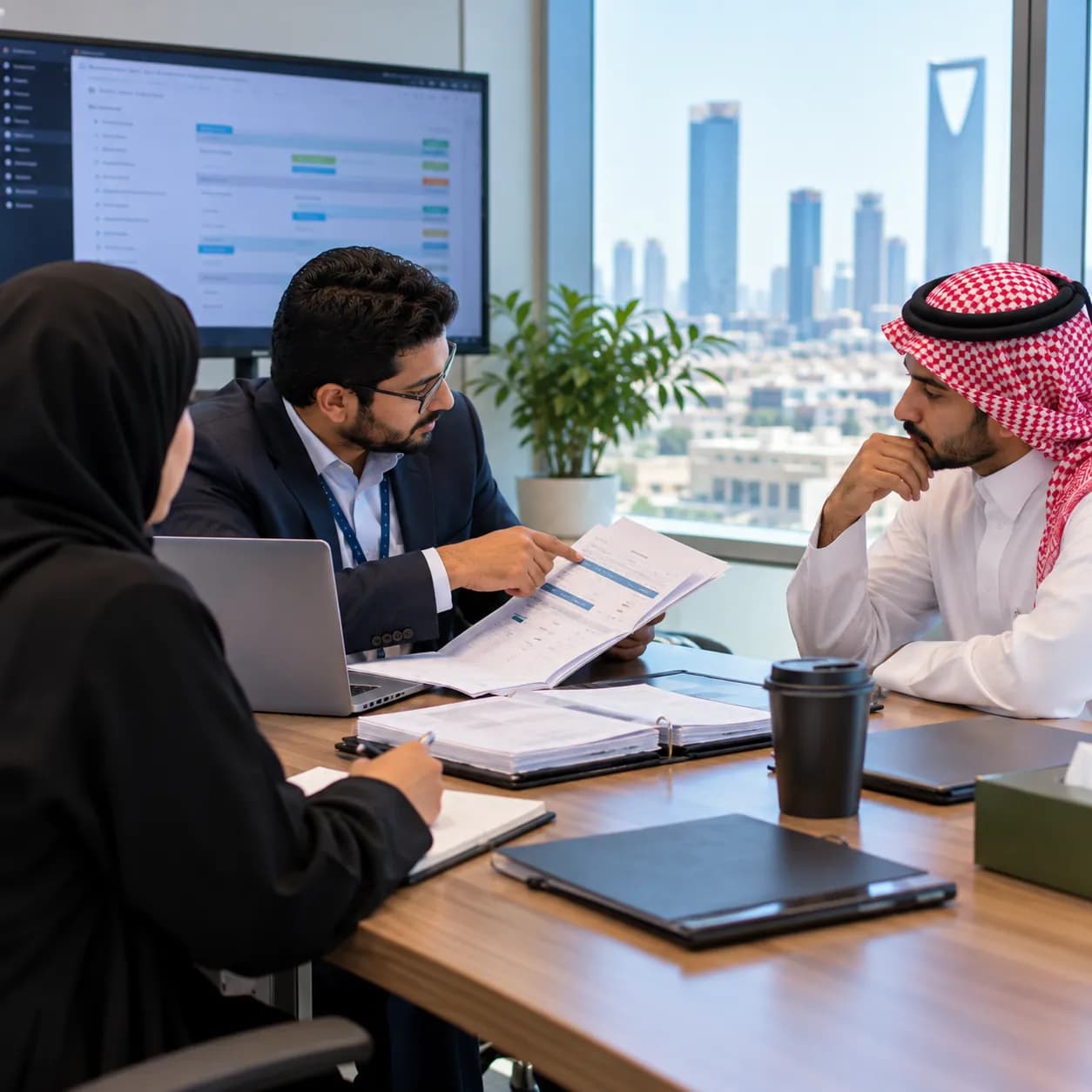 A consultant talking a transport licensing file through with two clients at a meeting table