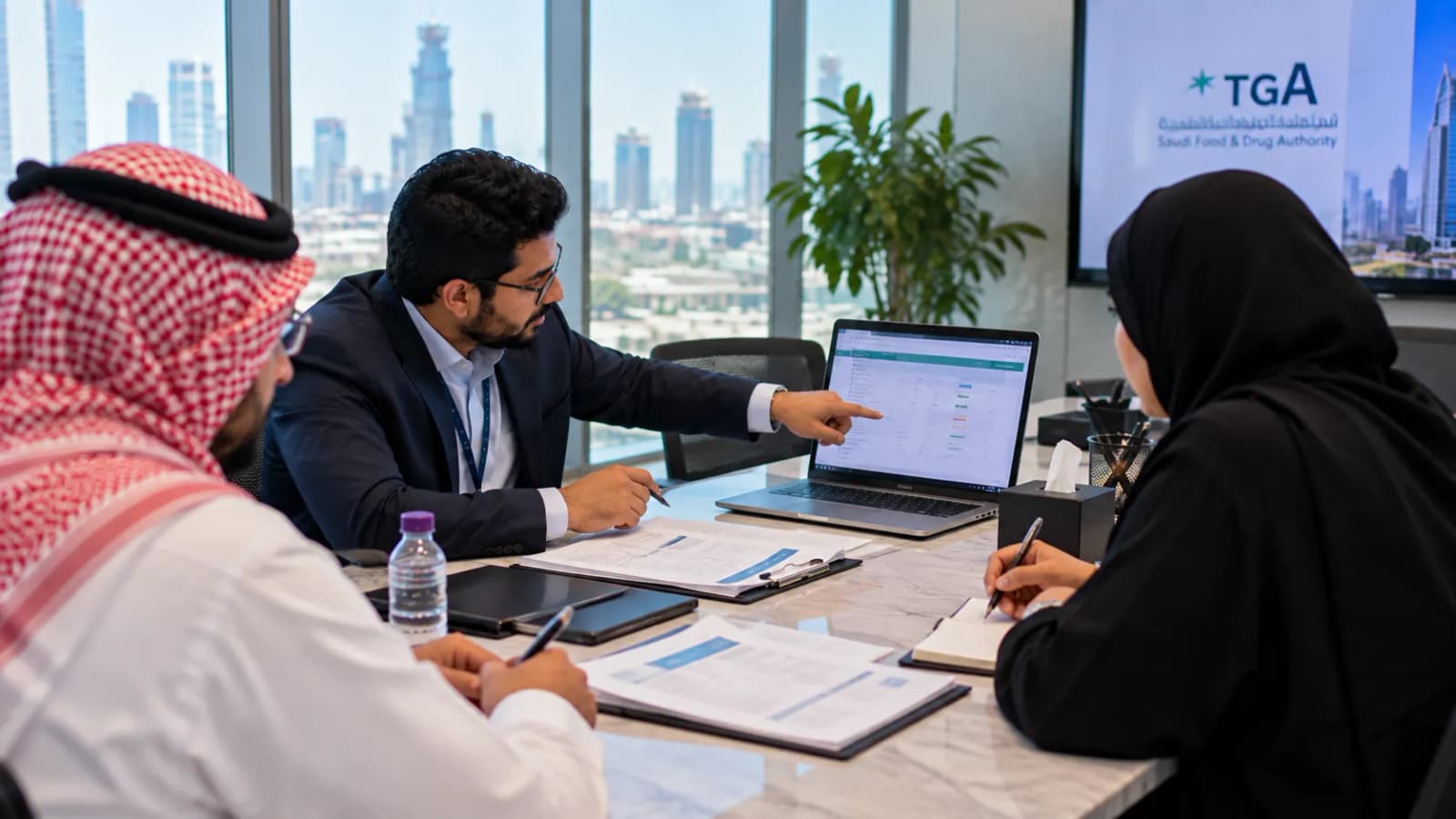 Three people around a boardroom table going through a transport licensing file