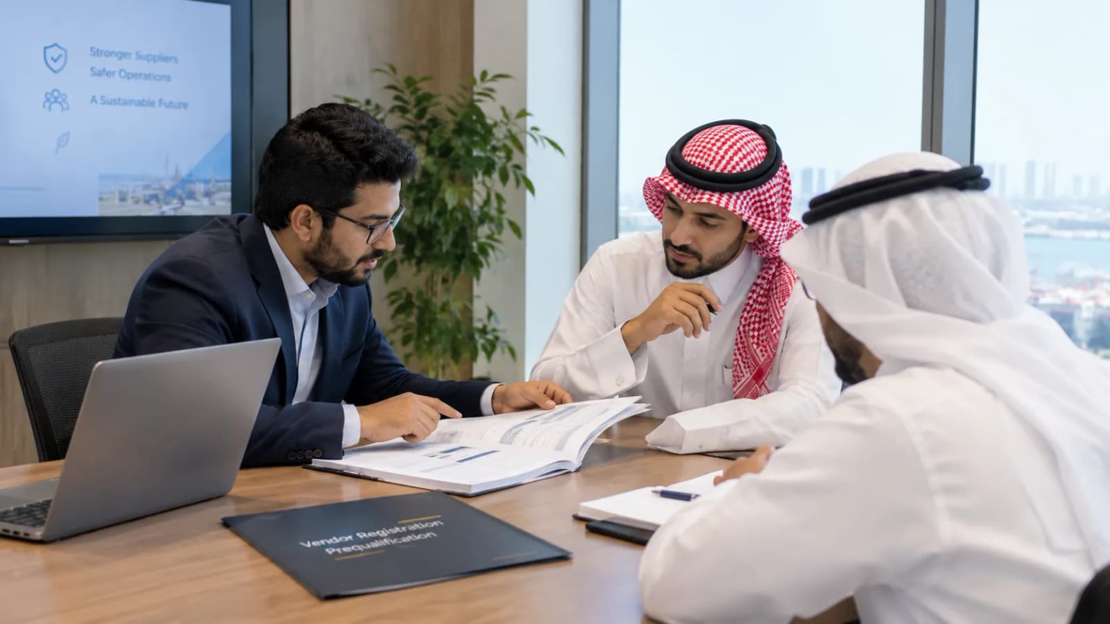 A consultant going through a binder of supplier documents with two clients