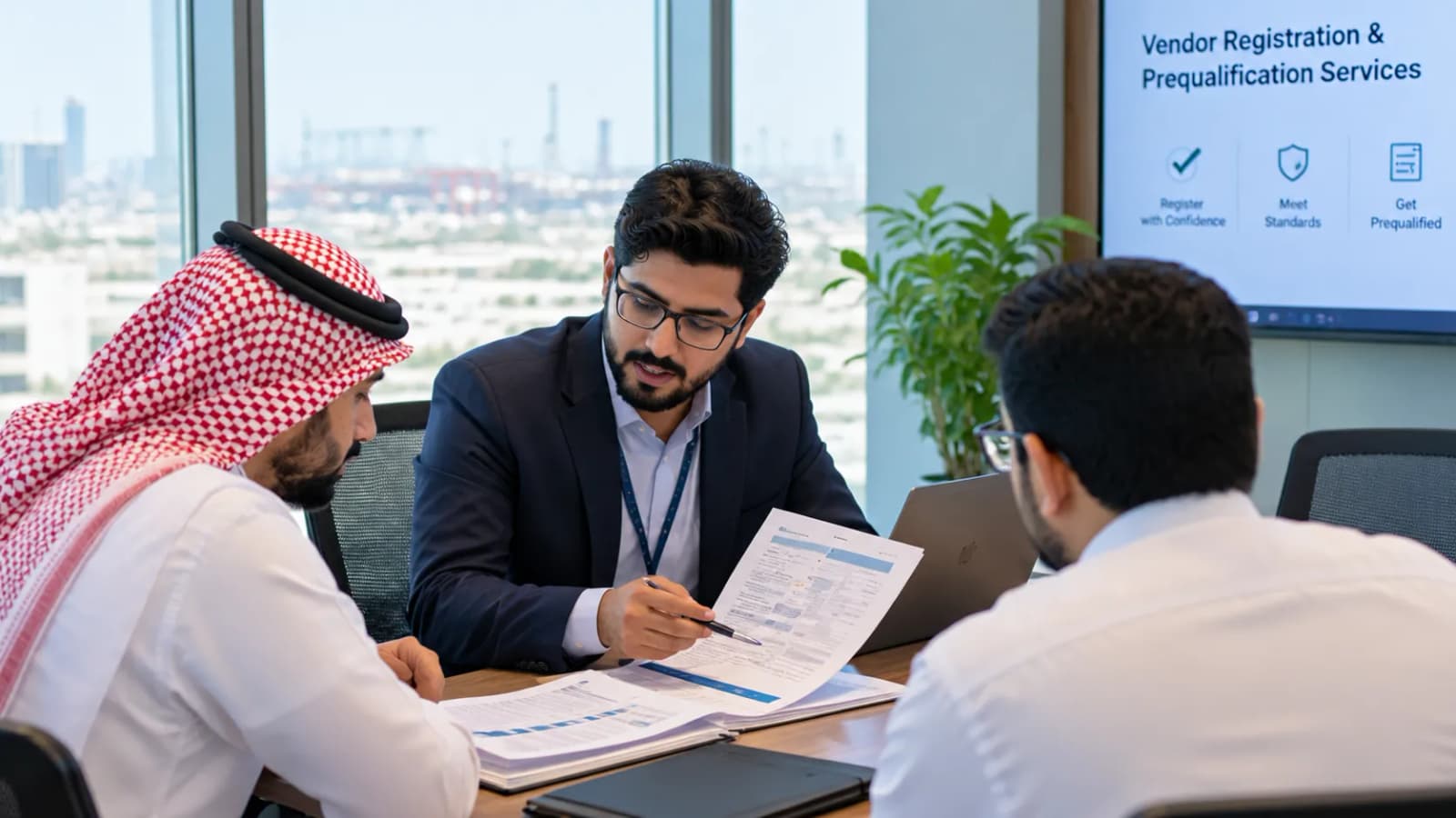 A consultant explaining a prequalification form to two clients at a meeting table