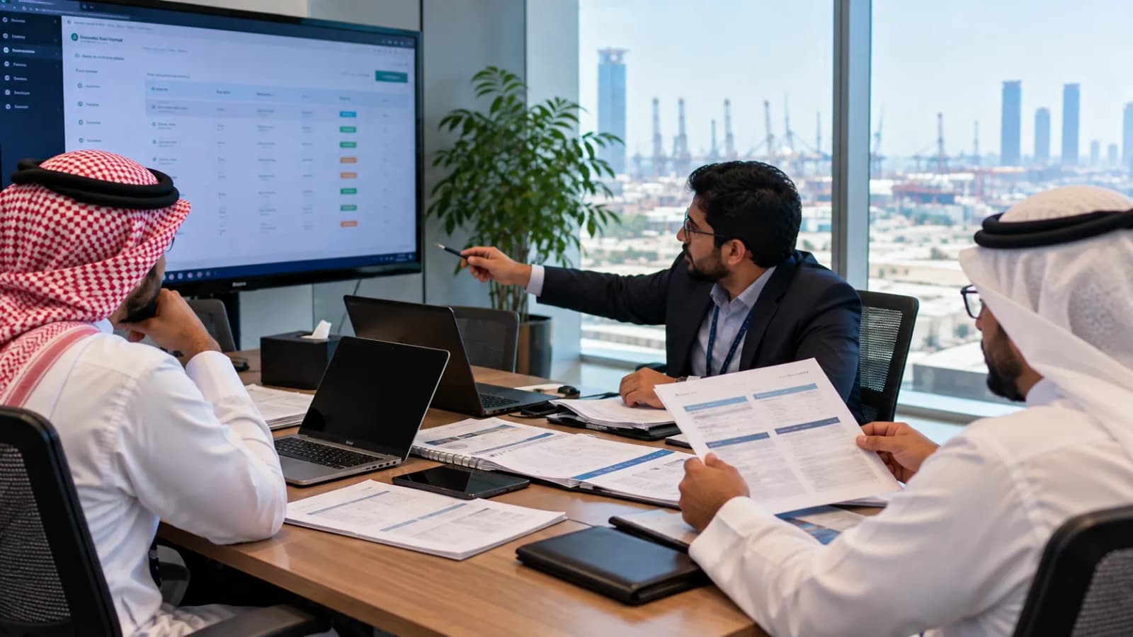 A consultant pointing to a supplier-portal table on a wall screen while a client team reviews