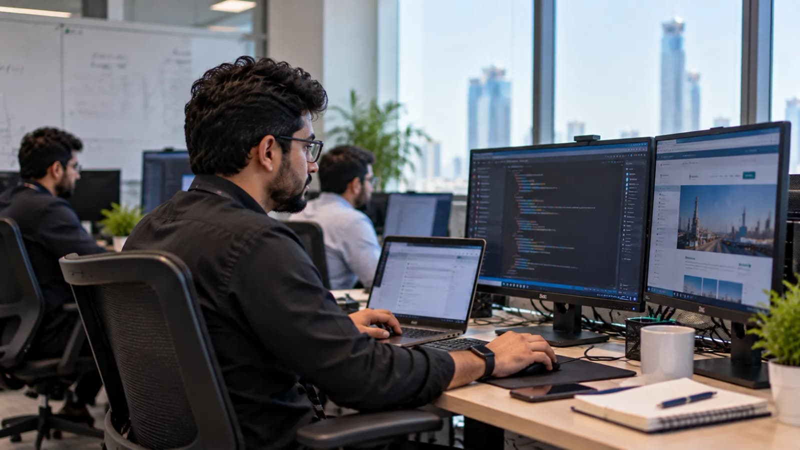 A development team at a bank of desks, code on one screen and the website being built on the next