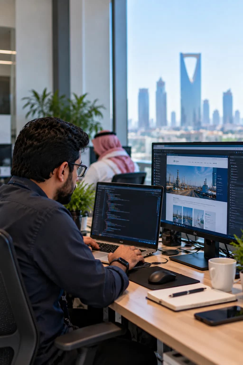 A developer at a desk with a corporate website open on the monitor and code on the laptop beside it