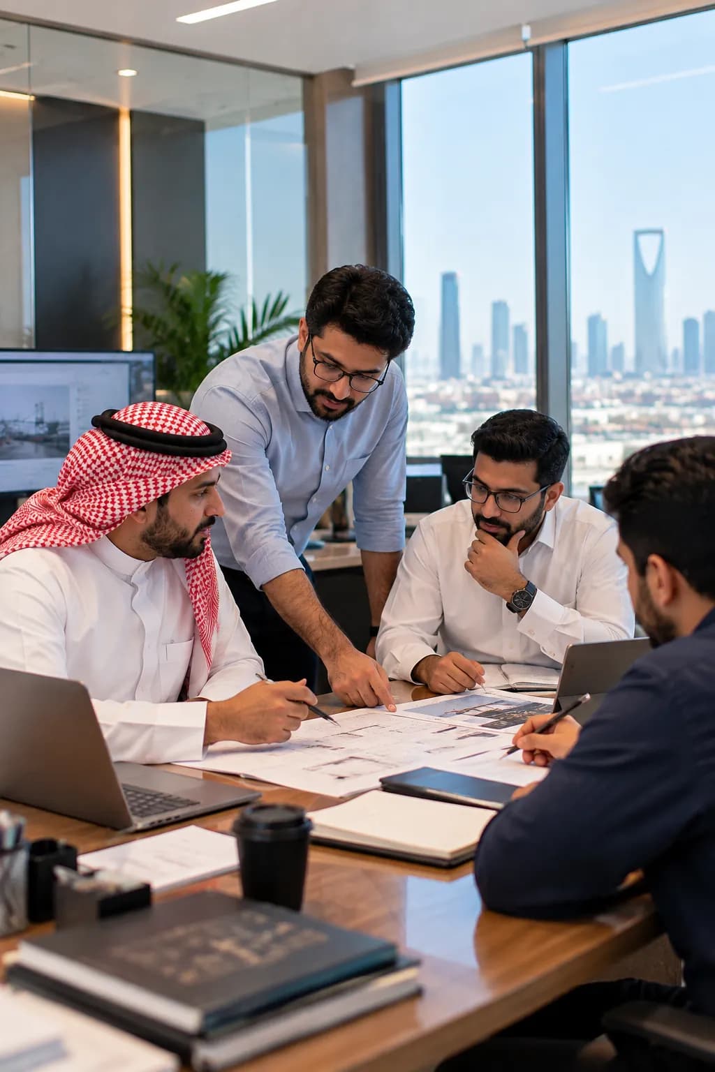Four colleagues around a meeting table in an Al Khobar office
