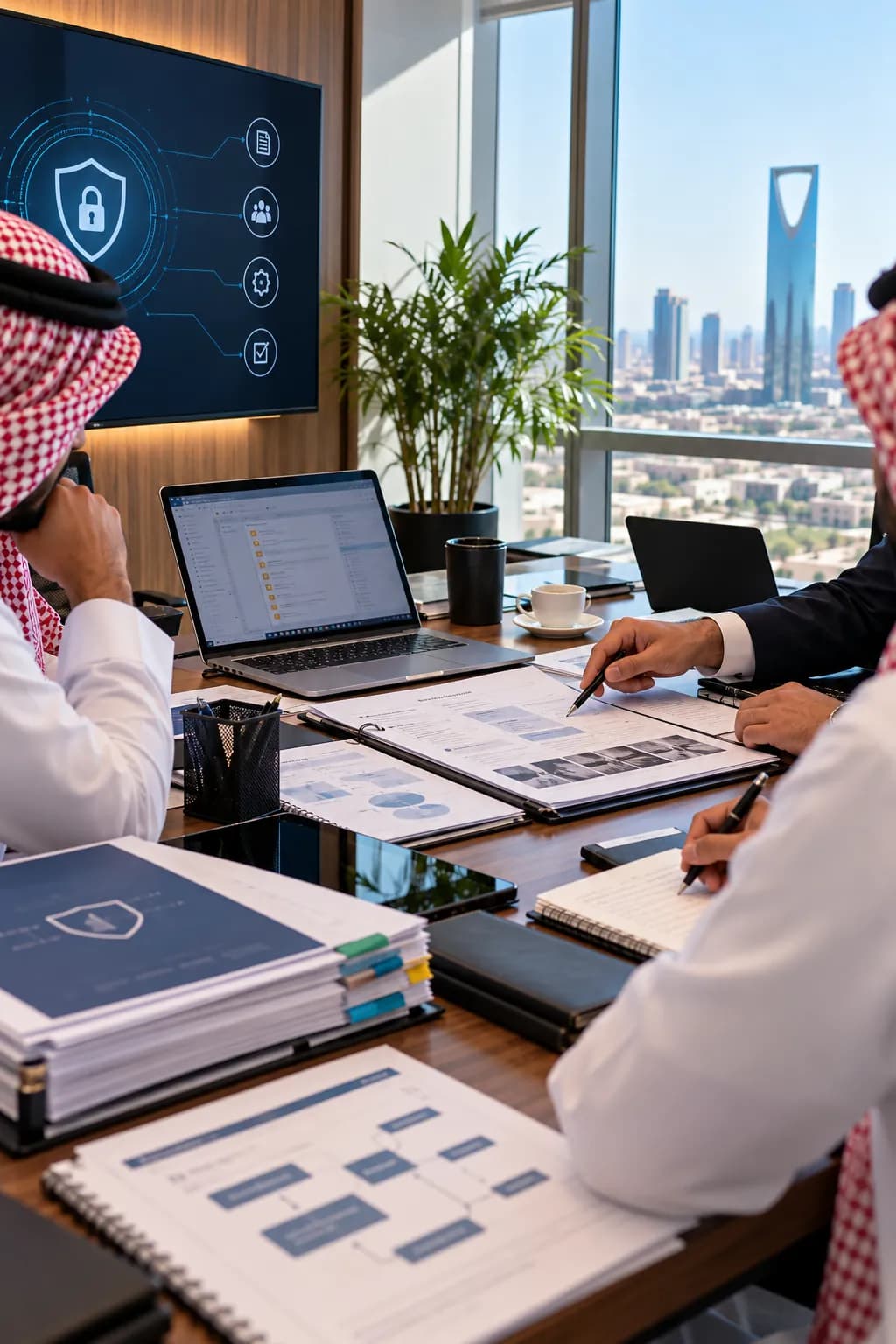 A cybersecurity review in a boardroom above the Riyadh skyline