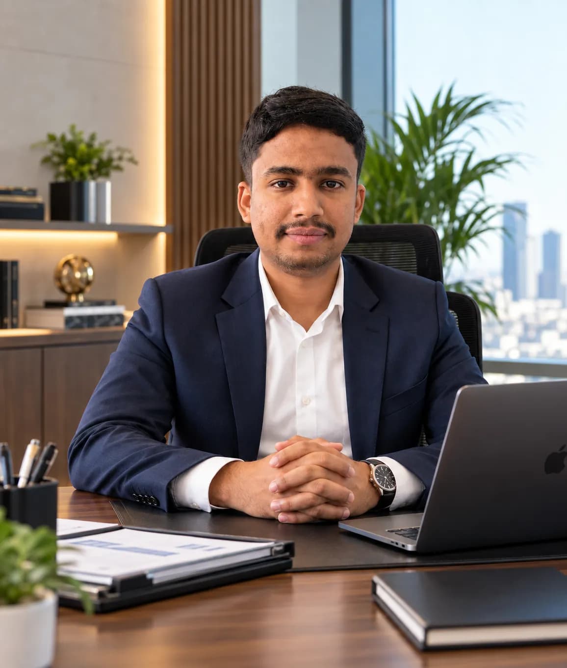 Azhar Muneer, Chief Executive Officer of Nour Solutions, at an office desk