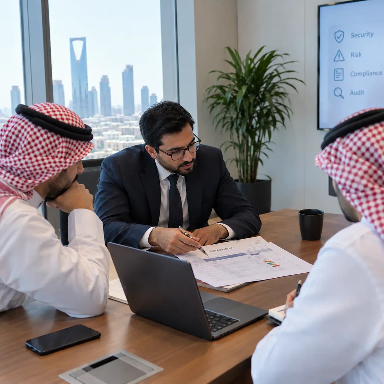 A meeting under a screen headed Security, Risk, Compliance and Audit
