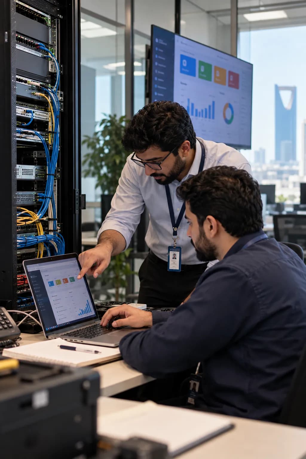 Two colleagues at a desk working through a business dashboard on a laptop