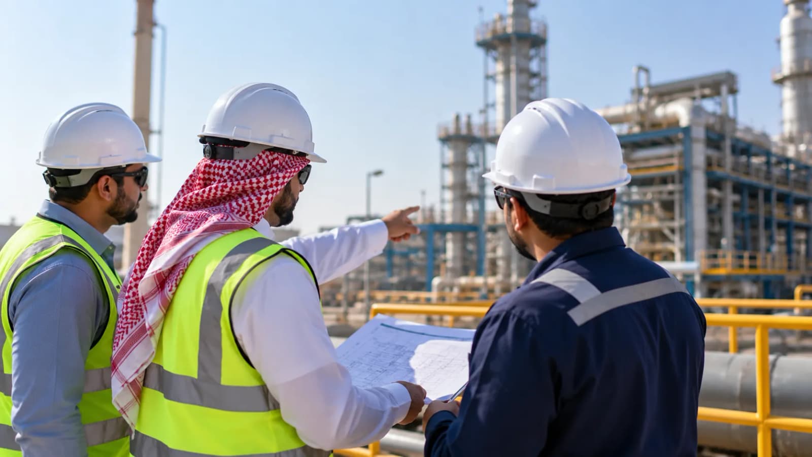 Three engineers in hard hats and hi-vis vests reviewing a drawing at an industrial plant