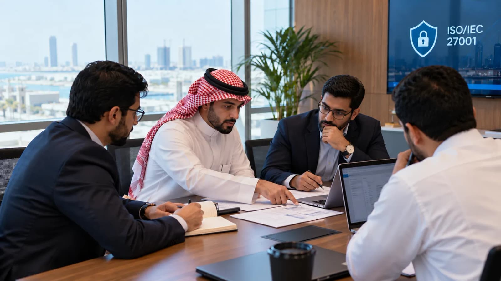 A meeting under a wall screen marked ISO/IEC 27001, documents and a laptop open on the table.
