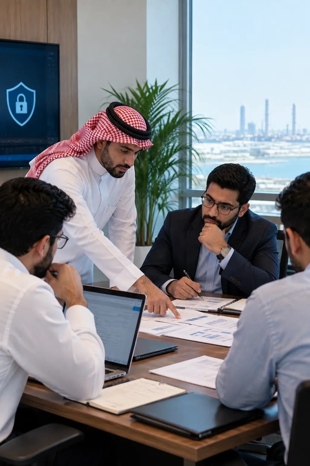 A team going through information-security documents in a meeting room