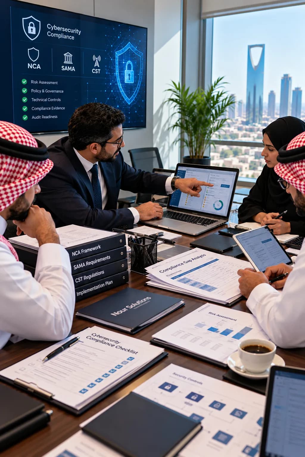 A compliance team at work above the Riyadh skyline