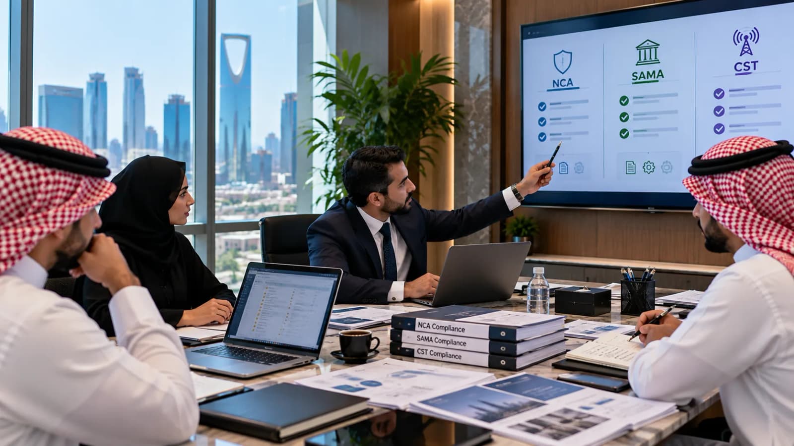 A consultant presenting NCA, SAMA and CST control requirements on a meeting-room screen